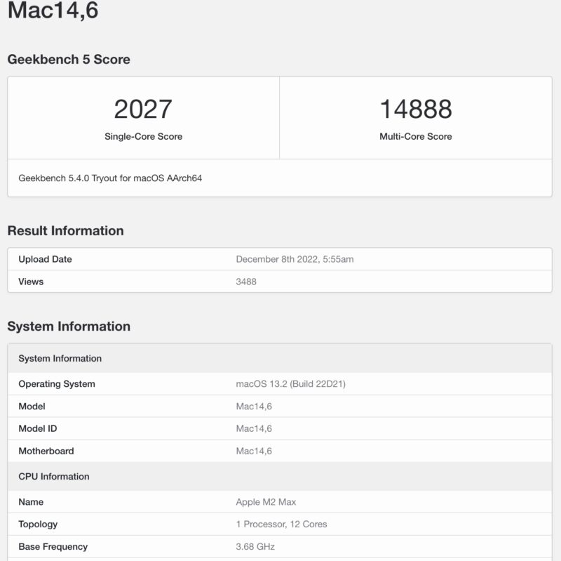 12/8に記録されたMac14,6のGeekbenchのベンチマークスコア